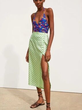 Zara Light Green Polka Dot Satin Side-Slit Midi Skirt